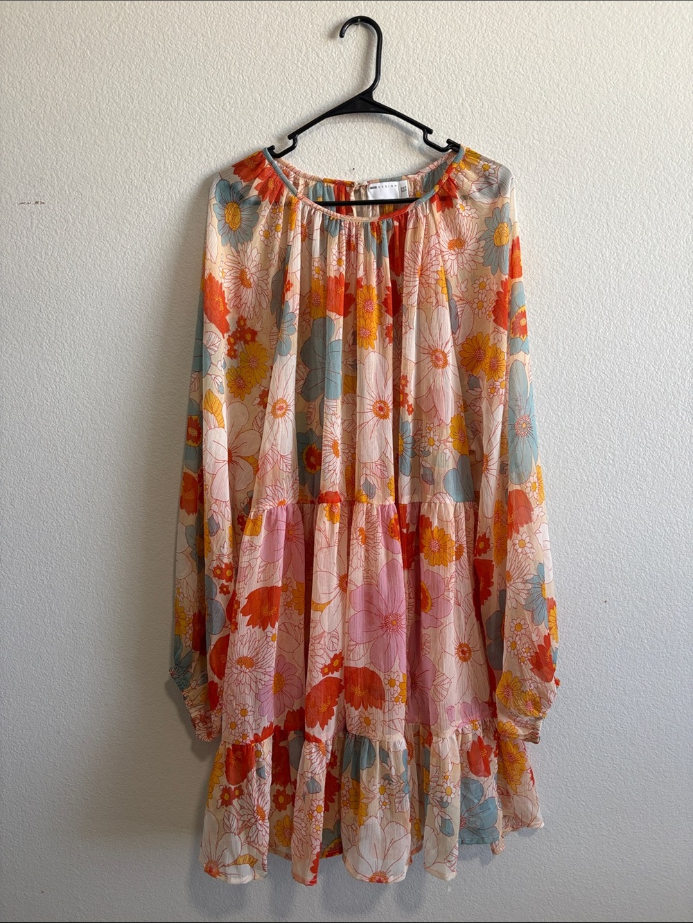 ASOS Floral Tiered Midi Dress in Peach, Pink & Blue